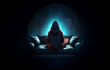 Fototapete - A hooded figure sits alone on a couch, facing a glowing screen with a backdrop of a city skyline.