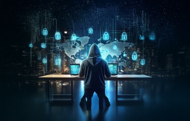 A hooded figure sits in front of two laptops with a glowing world map in the background, surrounded by digital lock icons.