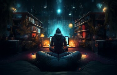 Aufkleber - A hooded figure sits in a dimly lit room, working on a laptop, with a glowing blue screen behind them.