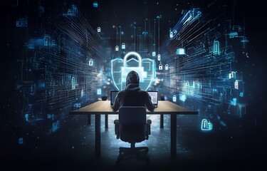 Poster - A hooded figure sits at a desk in a dimly lit room, typing on a laptop, with a glowing digital shield and multiple lock icons in the background.