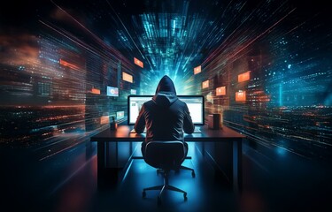 Aufkleber - A hooded figure sits at a computer desk, facing away from the viewer. Behind them, a city lights up with vibrant blue and red streaks of light.