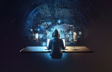 Aufkleber - A hooded figure sits in front of a laptop with a world map and lock icons behind them.