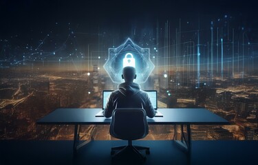 Fototapete - A person sits at a desk with a laptop facing a cityscape at night. Above them, a digital padlock is displayed with a glowing pattern.