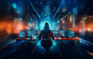 Fototapete - A hooded figure sits at a computer desk in a dark room lit by the blue glow of multiple monitors displaying code.