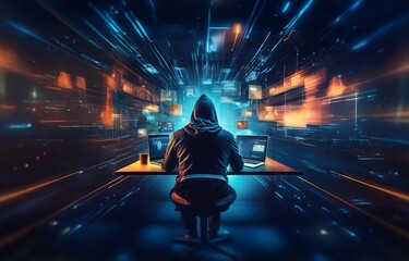 Aufkleber - A hooded figure sits in front of a laptop, surrounded by a digital landscape. The figure is working, their identity obscured.