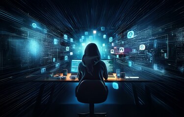 Fototapete - A hooded figure sits at a desk, facing two computer monitors,  surrounded by a glow of blue lines and geometric shapes.