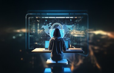 Aufkleber - A hooded figure sits at a desk, facing away from the camera, working on a computer with a glowing padlock and a digital world map behind them.