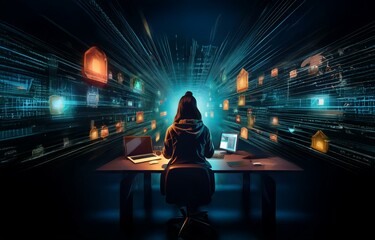 A hooded figure sits in front of two monitors, bathed in blue light. The background features a digital landscape of glowing icons and lines.