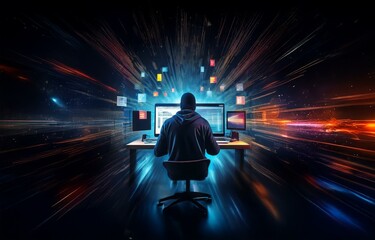 Aufkleber - A hooded figure sits at a desk, typing on a computer in a dimly lit room, surrounded by a vibrant, futuristic digital landscape.