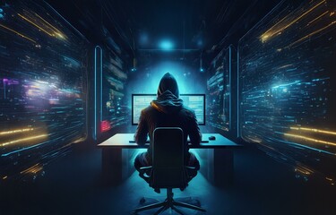 Fototapete - A hooded figure sits at a desk, facing a computer screen in a dark room. The background features glowing blue and yellow streaks.