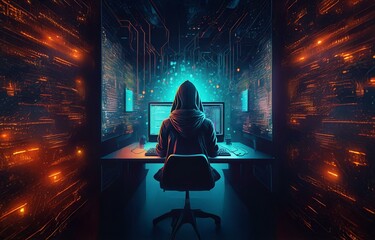 Fototapete - A hooded figure sits at a computer in a dark room, surrounded by glowing screens.