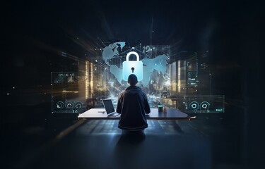 Fototapete - A person sits at a desk in front of a glowing digital screen with a large padlock and a world map behind them.
