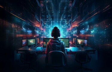 Aufkleber - A person sits in a chair, back to the camera, at a computer desk in front of glowing screens with abstract glowing city lights in the background.