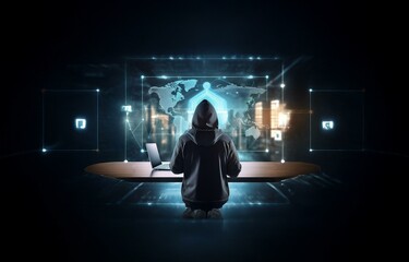 Fototapete - A hooded figure sits in front of a glowing screen, a world map displayed.