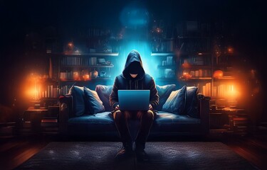 Aufkleber - A hooded figure sits on a couch in a dark room, illuminated by a glowing light. They are using a laptop computer.