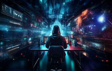 Fototapete - Hooded figure sits at a desk in front of two computer monitors surrounded by a wall of glowing digital data.