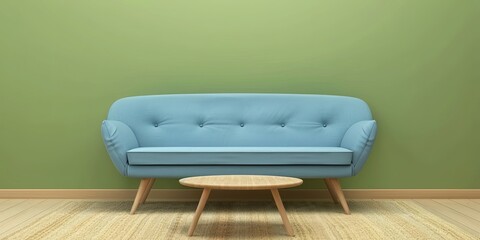 Wall Mural - blue sofa with wooden legs and a wooden coffee table in front of a green wall.