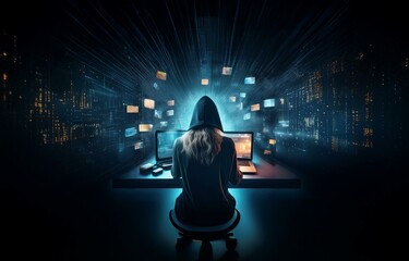 Fototapete - A hooded figure sits in front of a computer in a dimly lit room, surrounded by glowing abstract shapes.