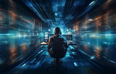 Fototapete - A hooded figure sits in front of two computer monitors in a dark room.  The background is a blur of digital data and light streaks.