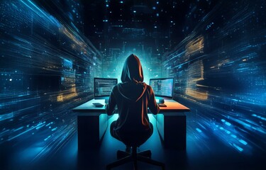 Fototapete - A hooded figure sits at a desk in front of two computer monitors, surrounded by a digital cityscape and streaks of blue and yellow light.