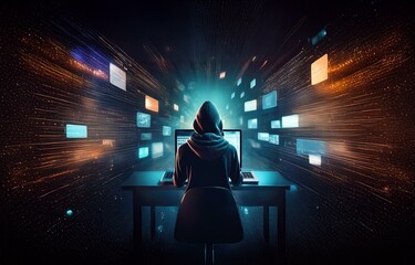 Aufkleber - A hooded figure sits in front of a computer screen, surrounded by glowing digital data, in a dark room.