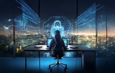 Fototapete - A hooded figure sits at a desk in front of two laptops, overlooking a cityscape.  A large blue glowing padlock graphic floats between the figure and the window.