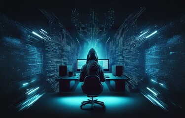 Fototapete - A hooded figure sits in front of a computer in a dimly lit room, surrounded by glowing lines of digital code.
