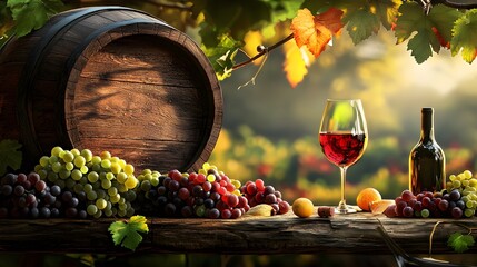 Wine Barrel and Glass of Red Wine with Grapes.