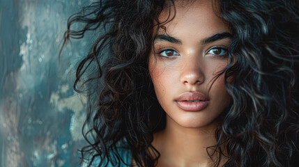 Canvas Print - Portrait of a Young Woman with Wind-Blown Curly Hair in Dramatic Lighting