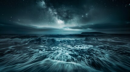 A vast ocean with a beautiful, starry night sky above it