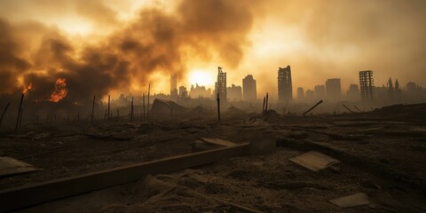 In the aftermath of a catastrophic event, heavy smoke obscures a devastated city skyline, capturing a poignant scene of destruction and the power of natural or manmade forces.