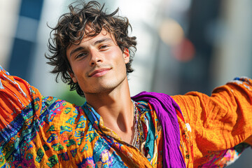 Poster - A man with curly hair is wearing a colorful outfit and smiling