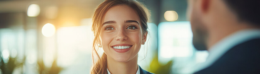 Wall Mural - A woman with a smile on her face is talking to a man