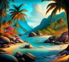Wall Mural - Beautiful exotic beach in bright colors abstract wavy background made with paints.generative ai
