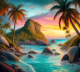 Wall Mural - Beautiful exotic beach in bright colors abstract wavy background made with paints.generative ai