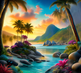Wall Mural - Beautiful exotic beach in bright colors abstract wavy background made with paints.generative ai