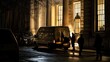 © Oulailux - A heist in progress, a stolen sculpture being loaded into a getaway van outside a prestigious art gallery, shadows cast by streetlights,