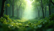 © SushiGirl - A lush green forest with sunlight shining through trees, illuminating the grass and plants, creating a serene and tranquil atmosphere.