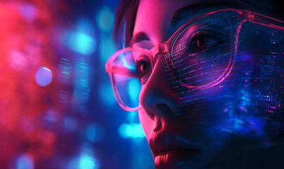 woman in glasses, who uses high technology for futuristic virtual reality and visualization