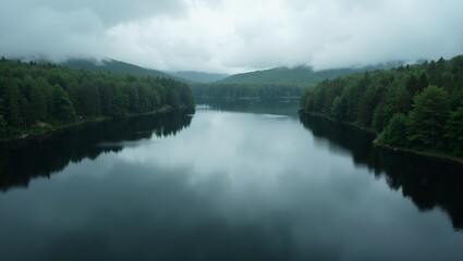 Tranquil lake in forest with mirror like water reflecting trees and clouds