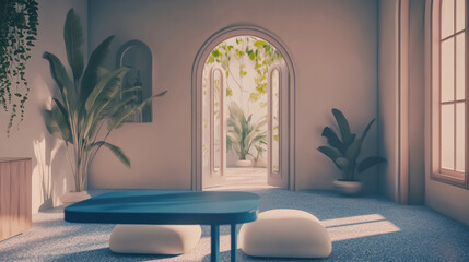 Blue Table and White Stools in a Light-Filled Minimalist Interior