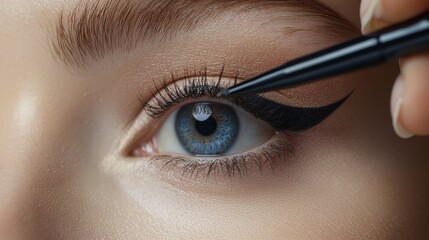 close-up beauty makeup: flawless application of winged eyeliner on a model's eyes, capturing the pre
