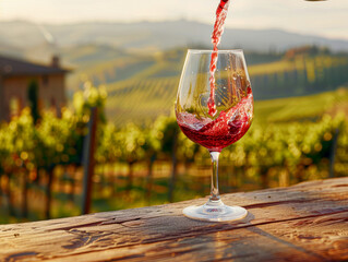 A glass of red wine is poured into a wine glass