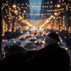 Design a digital scene showing Santas silhouette in his sleigh, glancing irritably at the bustling city streets filled with twinkling lights and impatient drivers