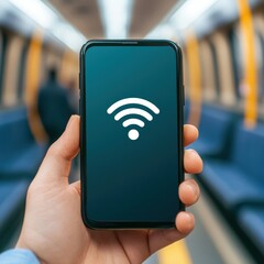 Hand holding smartphone displaying Wi-Fi symbol in a subway train.