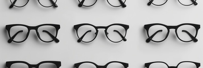 Poster - Various designs of black eyeglasses are arranged symmetrically on a clean surface, showcasing their unique styles and shapes. Generative AI