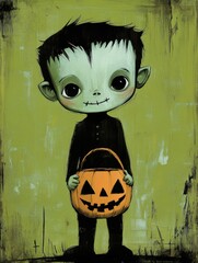 A wall art print with a tiny Frankenstein holding a pumpkin basket, with a whimsical, vintage-style, cute design on a lime green background with black accents. Vintage Halloween background