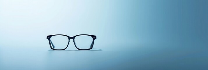 Poster - A pair of sleek eyeglasses sits prominently on a clean surface against a calming blue backdrop, showcasing its fashionable design. Generative AI