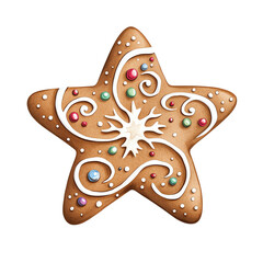 Star-shaped gingerbread cookie with festive icing on white isolated background.