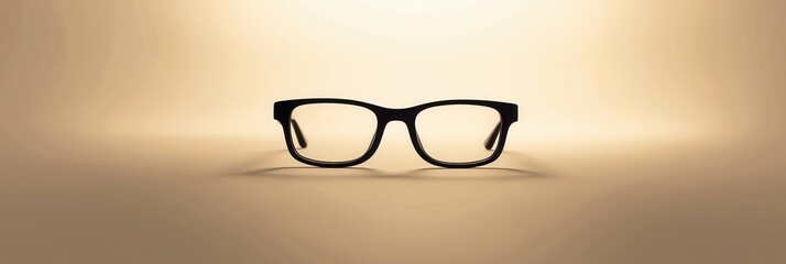 Poster - A pair of stylish black eyeglasses rests centrally, illuminated by warm, golden light that highlights their sleek design and features. Generative AI